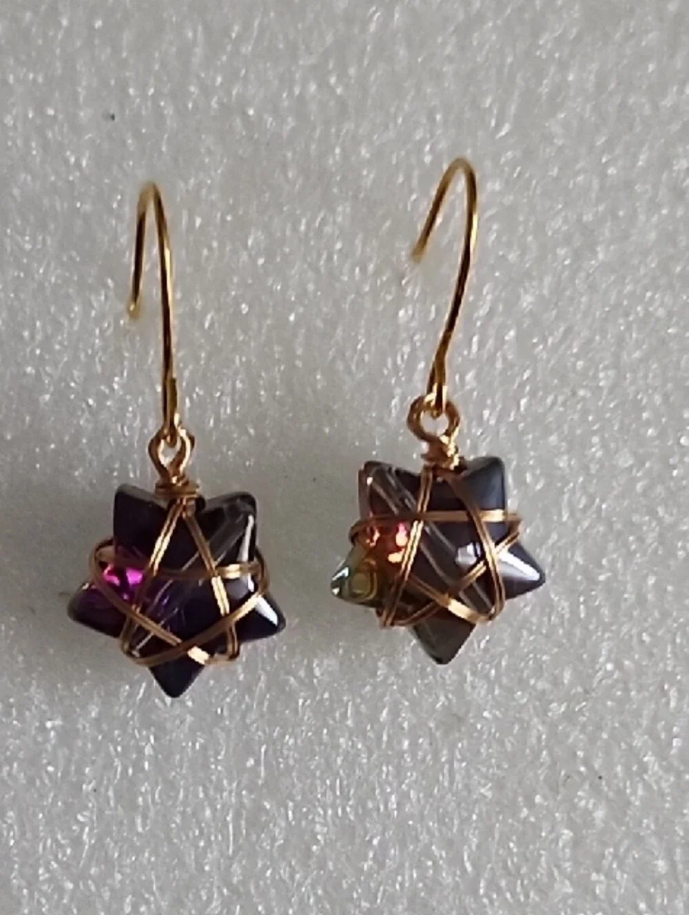 Gold Wire Wrapped Hematite Look Star Drop Earrings with Iridescent Accents